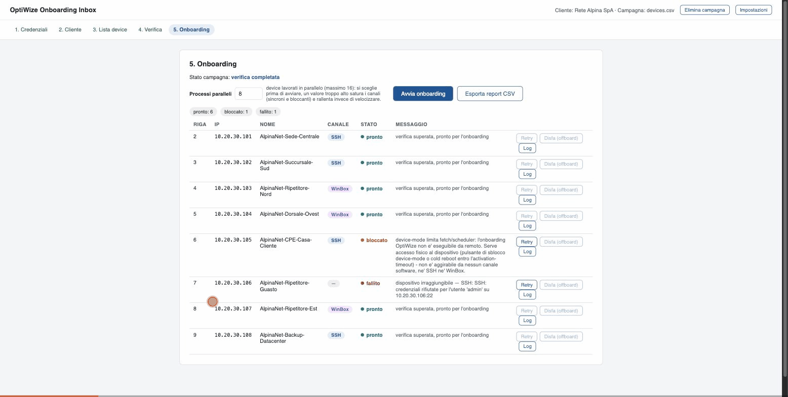 Bulk onboarding in progress: the channel used and the state for every device